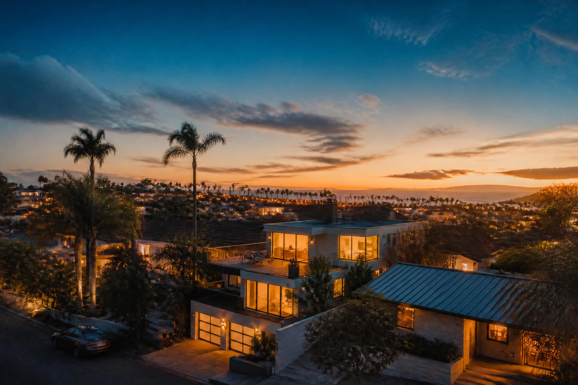 California coastal homes at sunset