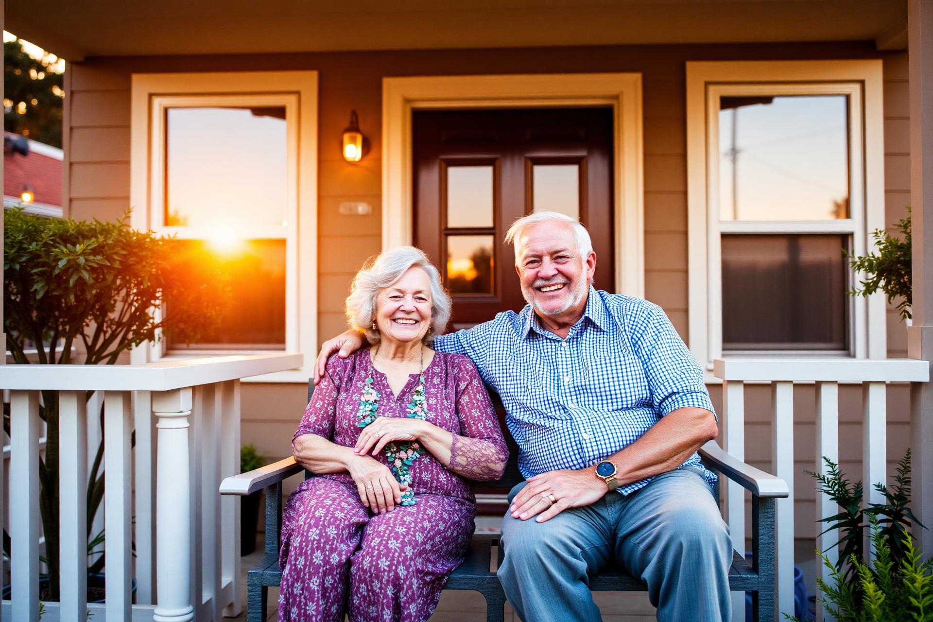 Happy senior California couple on the porch of their home